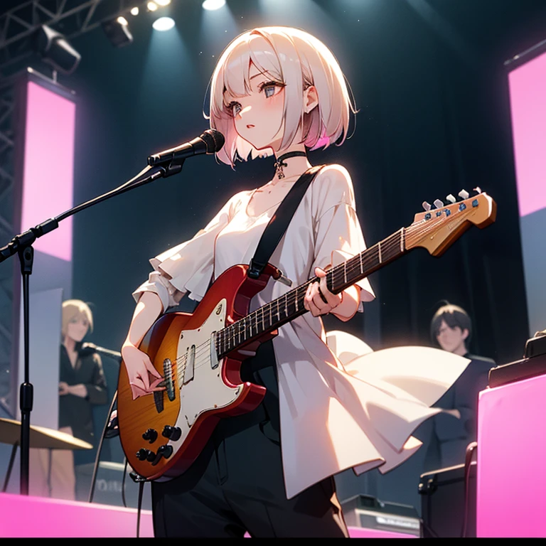 beautiful girl、Lively look、Slender and delicate、small breasts、cool girl、live house、Live Scene、Rock band vocalist、high layer cut、short bob、Cream-colored hair with a slight pink tint、Casual and boyish fashion、Oversized Fashion、