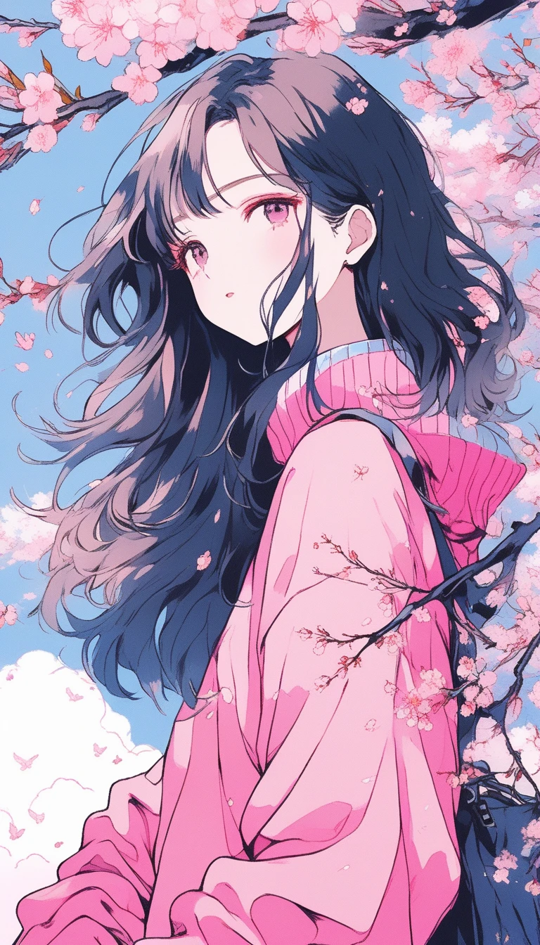 illustrator, anime , realistic ,sketch , 1 girl, sweater,order, pink and blue sky background, hair,Textured Trim, (masterpiece,highest quality) Good luck,Half of the screen is cherry blossoms,deep pink cherry blossoms,ink painting,Background center