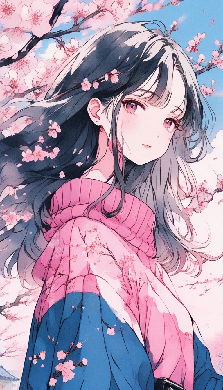 illustrator, anime , realistic ,sketch , 1 girl, sweater,order, pink and blue sky background, hair,Textured Trim,  (masterpiece,highest quality) Good luck,Half of the screen is cherry blossoms,deep pink cherry blossoms,ink painting,Background center