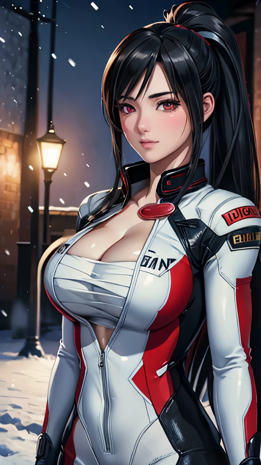 red eyes, (highest quality, masterpiece painting:1.3), immature woman, 16 years old, (half body shot), masterpiece, ultra high resolution, (Photoreal:1.0), black hair, ponytail, straight hair, beautiful shining hair, white and shining skin, ((Ultra realistic details)), octane rendering, highly detailed face, (big breasts:0.8), complete pilotsuit, adjusted pilotsuit, (red pilotsuit),cleavage, perfect body, soft skin, anime face, perfect face, perfect eyes, looking at the viewer, smart, snow scene, ((snow falling)), ((fantastic night)), ((outdoors)), sharp focus, intricate details, professional artwork, (bright colors:1.1), bright colors, diffused lighting, digital blending, ultra-definition body, ultra detail hair, super detailed face, that&#39;It&#39;s trending on pixiv, top button open, Cute gaze, compensate, perfect lips, perfect compensate, Ultra-precision coating,  (light_smile:0.8), (Very embarrassed:1.2), blush your nose,