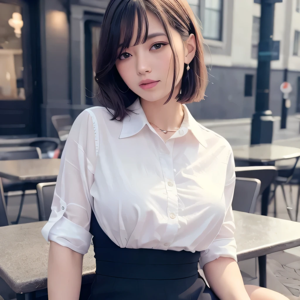 Realistic, high resolution, 1 girl, layered haircut, Korean, blue eyes, white shirt, tight black skirt, thin thighs