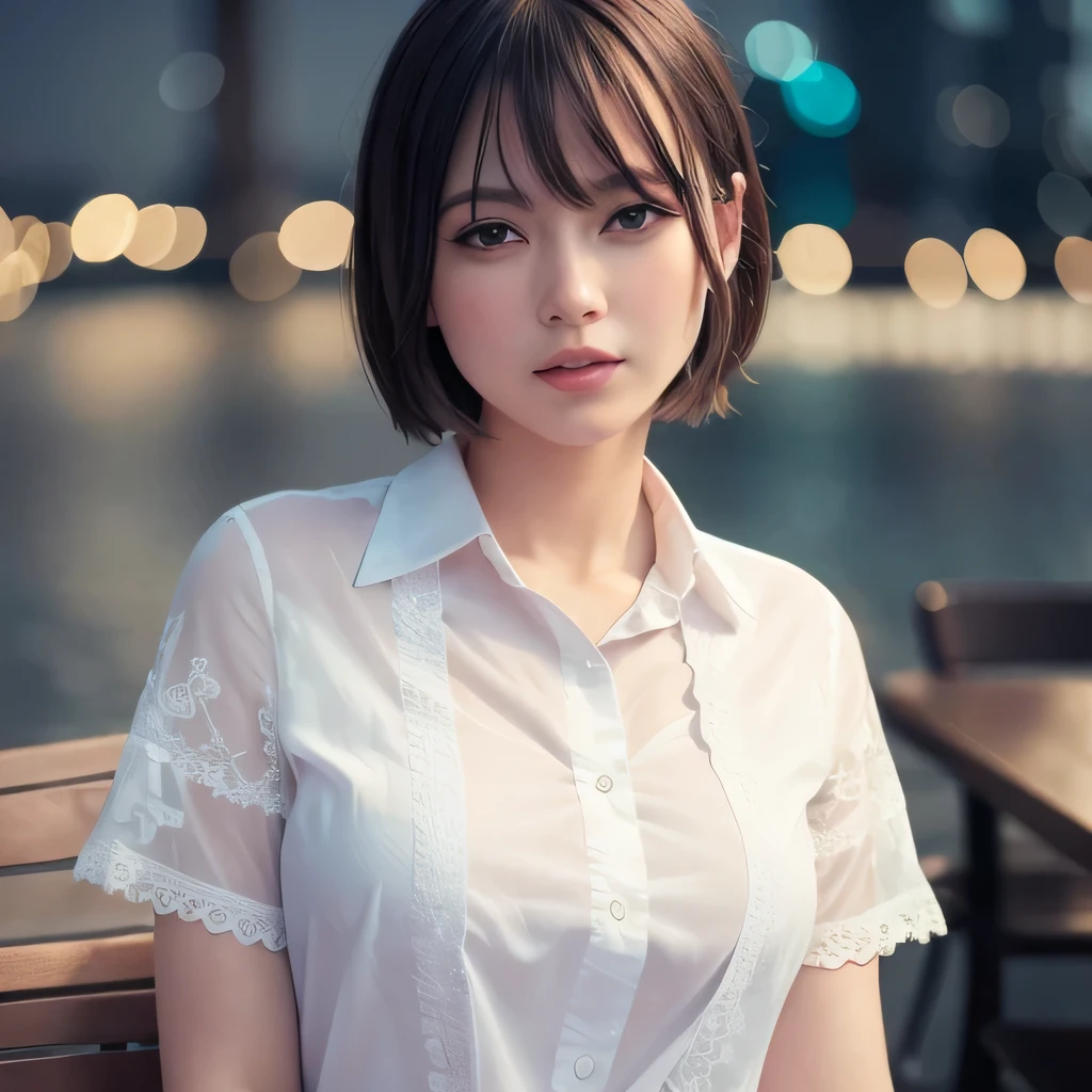 (8K, highest quality, masterpiece: 1.2), (realistic, realistic: 1.37), Super detailed, 23 people, cute, alone, beautiful and detailed sky, Detailed cafe, night, sitting, date, ( blush your nose), (smile: 1.15), (closed mouth) small breasts, fine and beautiful eyes, (collared shirt: 1.1), night, Wet, Business service, rain, white lace, (short hair: 1.2), Floating hair NovaFrogStyle,