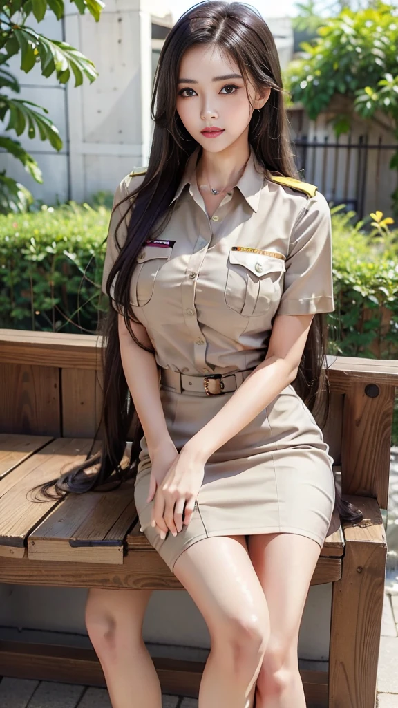 Khaki suit, khaki civil servant, Thai teacher uniform:1.3, Beautiful girl with extra long hair, Two meter long hair, Long hair that catches the eye, long black hair, Her hair is very long., Long, shiny hair, Long, thick, soft hair, Extra long hair, Dynamic posts, like full body, Short sleeve shirtสีกากี, short pencil skirtสีกากี, side cut, Decorated with military insignia., black high heels, The sexiest, small waist, hips raised, small thighs, Long legs, big breastsโต, big breasts:1.5, big breast, Very big breasts, Eye-catching breasts, Large breasts pierce the shirt, Not completely covered, big breast, Huge breast, Big tits D, สาวTwo meter long hair, Beautiful face, red lips, Very shiny, แต่งBeautiful face, Military rank insignia, short pencil skirt, tight, Short sleeve shirt, tight fitting, in the background, blurred garden. ultra short skirt,