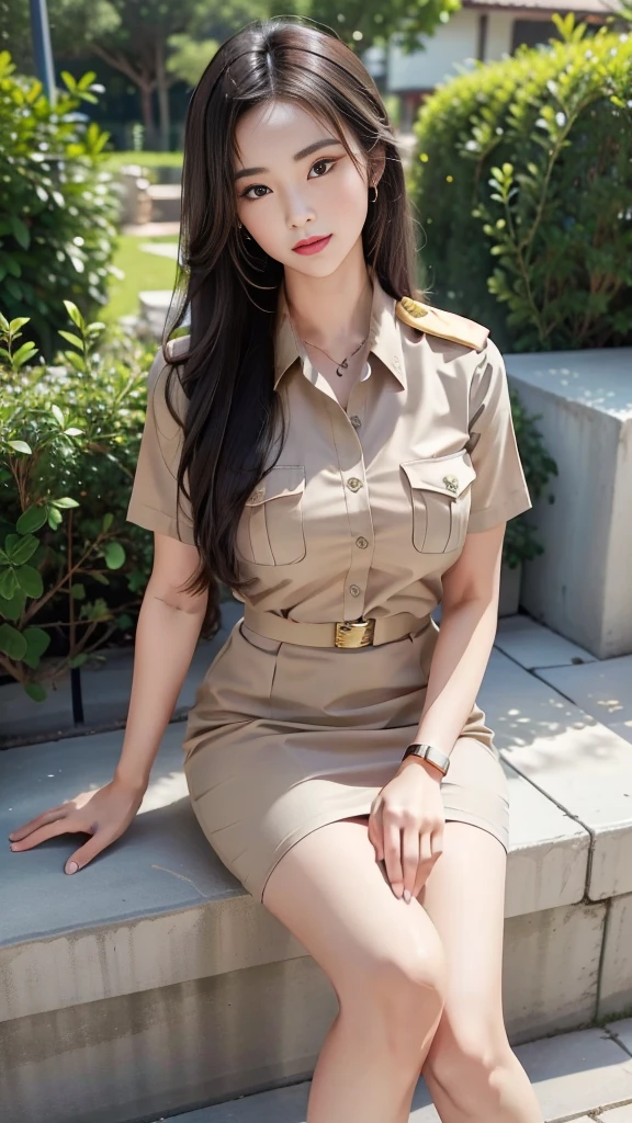 Khaki suit, khaki civil servant, Thai teacher uniform:1.3, Beautiful girl with extra long hair, Two meter long hair, Long hair that catches the eye, long black hair, Her hair is very long., Long, shiny hair, Long, thick, soft hair, Extra long hair, Dynamic posts, like full body, Short sleeve shirtสีกากี, short pencil skirtสีกากี, side cut, Decorated with military insignia., black high heels, The sexiest, small waist, hips raised, small thighs, Long legs, big breastsโต, big breasts:1.5, big breast, Very big breasts, Eye-catching breasts, Large breasts pierce the shirt, Not completely covered, big breast, Huge breast, Big tits D, สาวTwo meter long hair, Beautiful face, red lips, Very shiny, แต่งBeautiful face, Military rank insignia, short pencil skirt, tight, Short sleeve shirt, tight fitting, in the background, blurred garden. ultra short skirt,