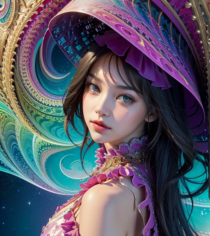 (masterpiece, top quality, best quality, official art, beautiful and aesthetic:1.2), (1girl:1.3), (top view:1.3), looking at viewer, extreme detailed,(fractal art:1.3),colorful,highest detailed,