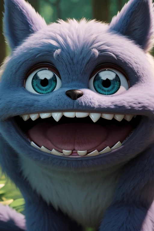 a close up of a cute and fluffy monster with a big smile, beautiful 3d rendering, adorable digital painting, furry friendly monster, cute monster character design, cute monster, portrait of a cute monster, cute pixar character design, cute forest creature, adorable glowing creature, cute cartoon character, monster character design, cute creature, cute detailed digital art, cute digital art, cute pixar character