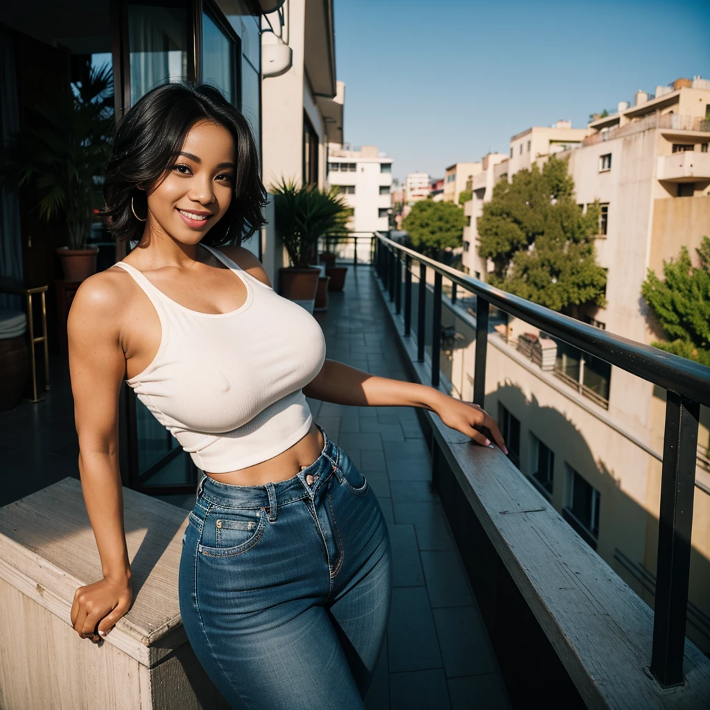 mature african girl, 30 years old, light skin, smiling, big , super big breasts, big breasts nice lips, high waist jeans and tank top, balcony, outside, looking back, curvy body,