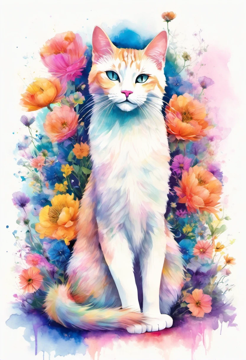 A breathtaking watercolor and pencil illustration depicts a whimsical feline creature, masterfully crafted from an array of vibrant flowers., topiary style. The serene cat, with its intricate form, sits gracefully amidst a pristine white background, creating a striking contrast. The delicate petals of the flowers intertwine seamlessly, forming a harmonious blend of colors that stand out against the blank canvas. This enchanting, otherworldly scene transports the viewer to a magical realm, captivating their senses and leaving them in a state of awe., illustration, painting