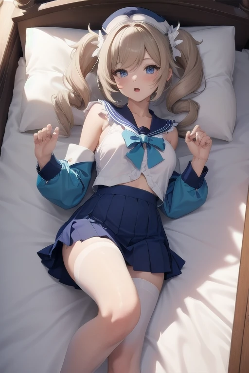 top quality,8K,one girl,Barbara,despise,half-closed eyes,blush,open mouth,shoulder,Thin face,face focus,face to the viewer,lying down,Lie flat on the bed,Aerial Photography,Full body like,(long and beautiful leg:1.5),Clear face,Exquisite facial features,sexy,a sailor suit that is extremely short in length,Super short skirt with V-line visible,white half pantyhose,mini skirt