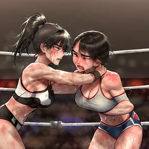 A match between two beautiful female wrestlers。wwe。lariat。Rivals。black hair。desperate look。sweaty。Full of scars。Shortness of breath with open mouth。Outstanding proportions。