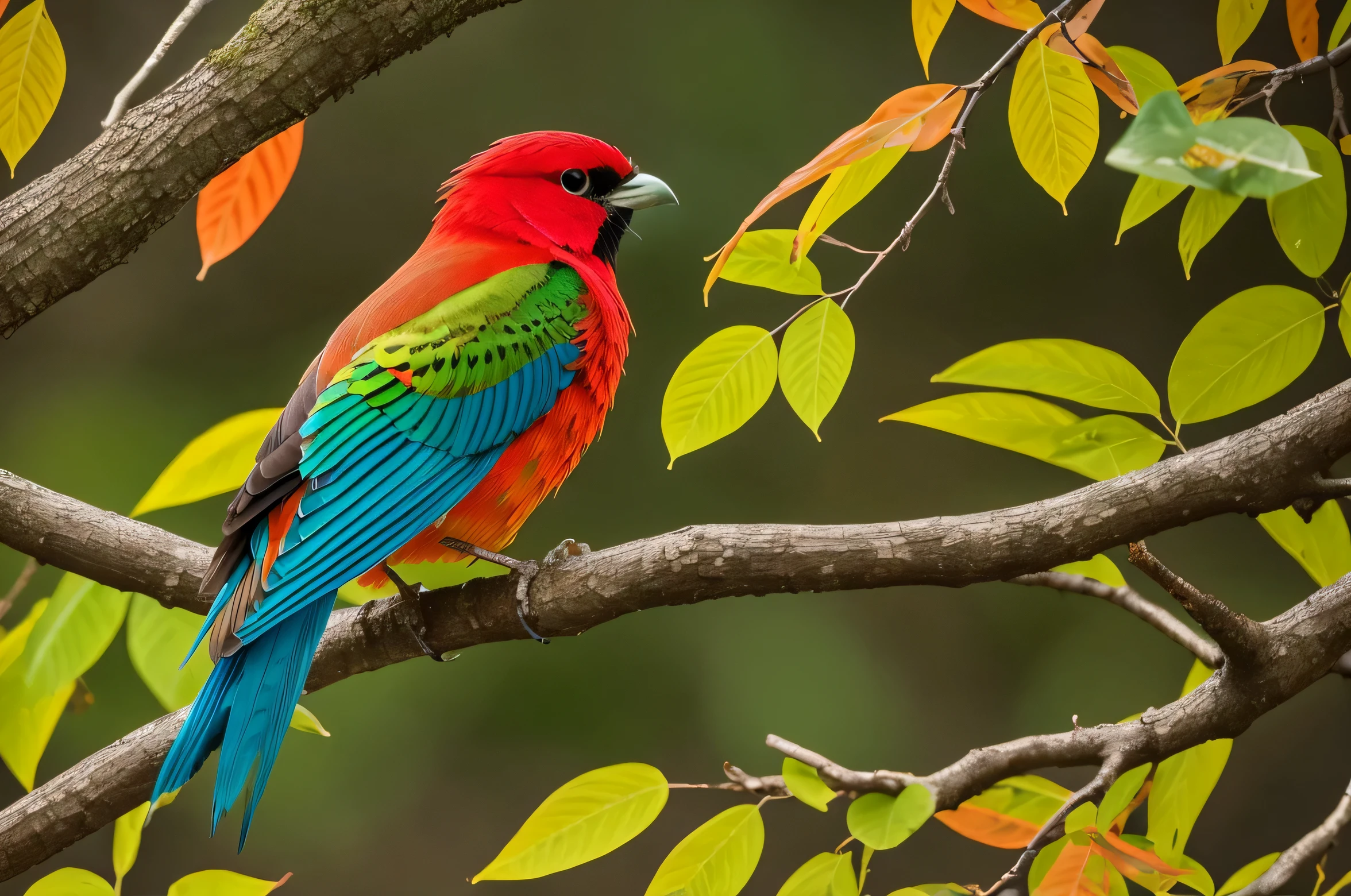 Colorful bird perched on a branch,The background is leaves, Inspired by Charles Bird King (Charles Bird King) Inspiring numbers, blinds, fantasy art, Colorful 8k, Colorful HD pictures, colorful bird,growing, Beautiful and colorful, 4k highly detailed digital art, Vibrant true colors, Colorful feathers, Beautiful art ultra hd 4k, Paint with bright watercolors