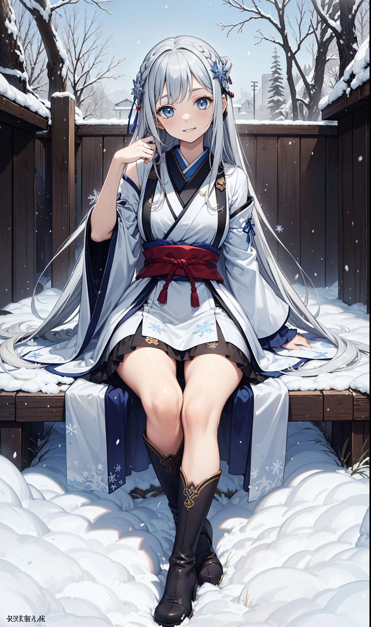 saints,Attractions,having fun,in love,(Western magic white dress),silver hair,blue eyes,Suitable for transparent clothes,Decoration of saints,Sky blue cloth,Snowflake pattern,Sky blue pattern,snowy night,Transparent lace,exquisite clothing,sitting position,the only person,Japanese garden,(night:1.1),Heavy snow,(snowflakes flying),(Long suspender boots:1.1),Exquisite and beautiful face,sitting position,Playing with the snow