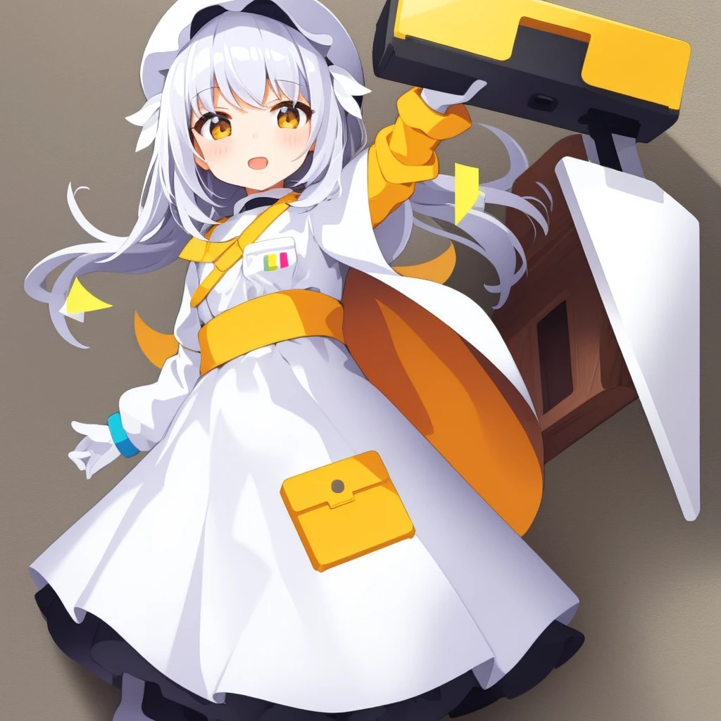 Colorful icon, ik1, 1girl, White dress, Yellow coat, Bone Carton,