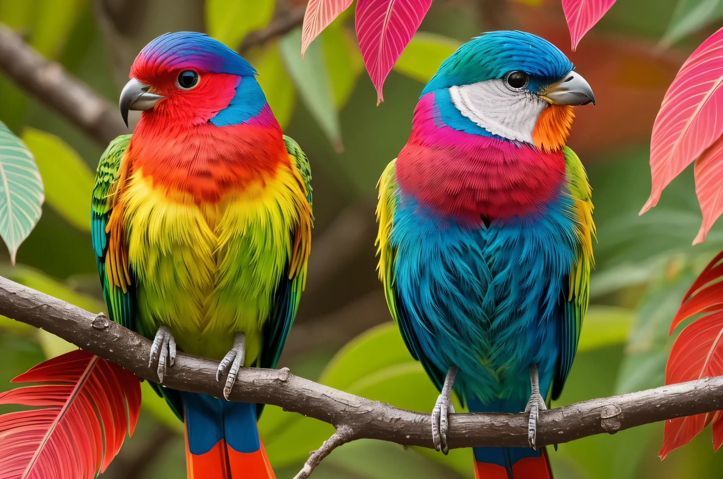 Colorful bird perched on a branch，The background is leaves, Colorful 8k, Colorful HD pictures, colorful bird，growing, Beautiful and colorful, 4k highly detailed digital art, Vibrant true colors, Colorful feathers, Beautiful art ultra hd 4k, Paint with bright watercolors, Beautiful digital painting, colorful birds, Colorful 4k, Beautiful and colorful