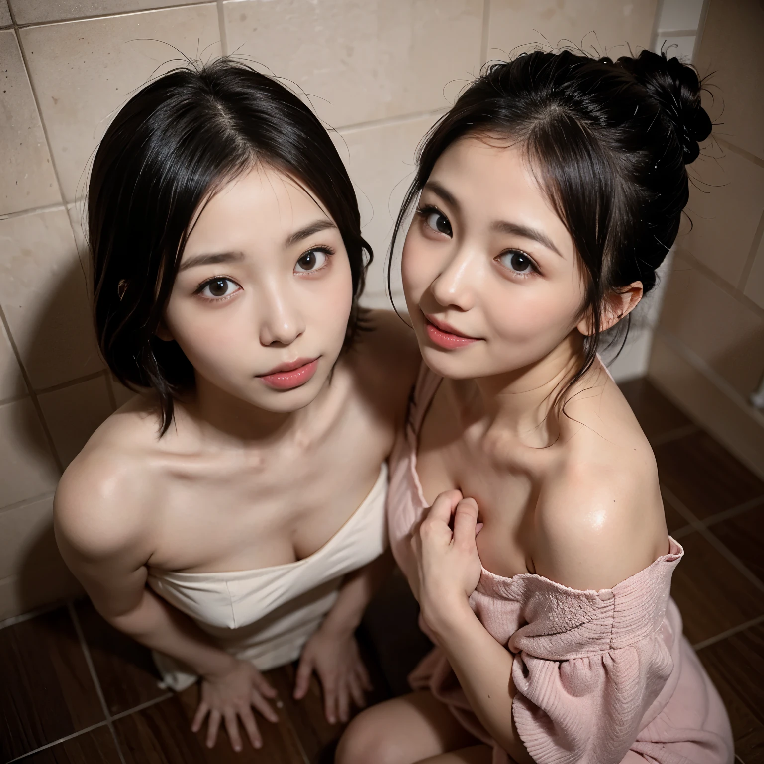 very high quality、become familiar with、Two Japanese women with beautiful faces、single eyelid、amateur、normal person、18 ~ Random age between 35 years old、A little plump、1 shorthair、One person with a ponytail、black hair、Completely naked:2.0、shower room、posture of looking up、look at the camera、attractive appearance、sharp pupils、half open mouth、expression of ecstasy、blush:2.0、Two guys hold and lick one thick penis:2.0、wet skin、wet hair、Drool、Semen on lips and cheeks、sit on the floor、Angle from above、