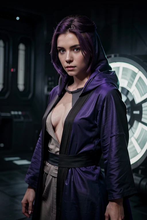 Star Wars Jedi Wearing Jedi Robe and Hood, Beautiful Woman, Sharp Purple Hair, Piercing Green Eyes, Death Star Background, Very Realistic,