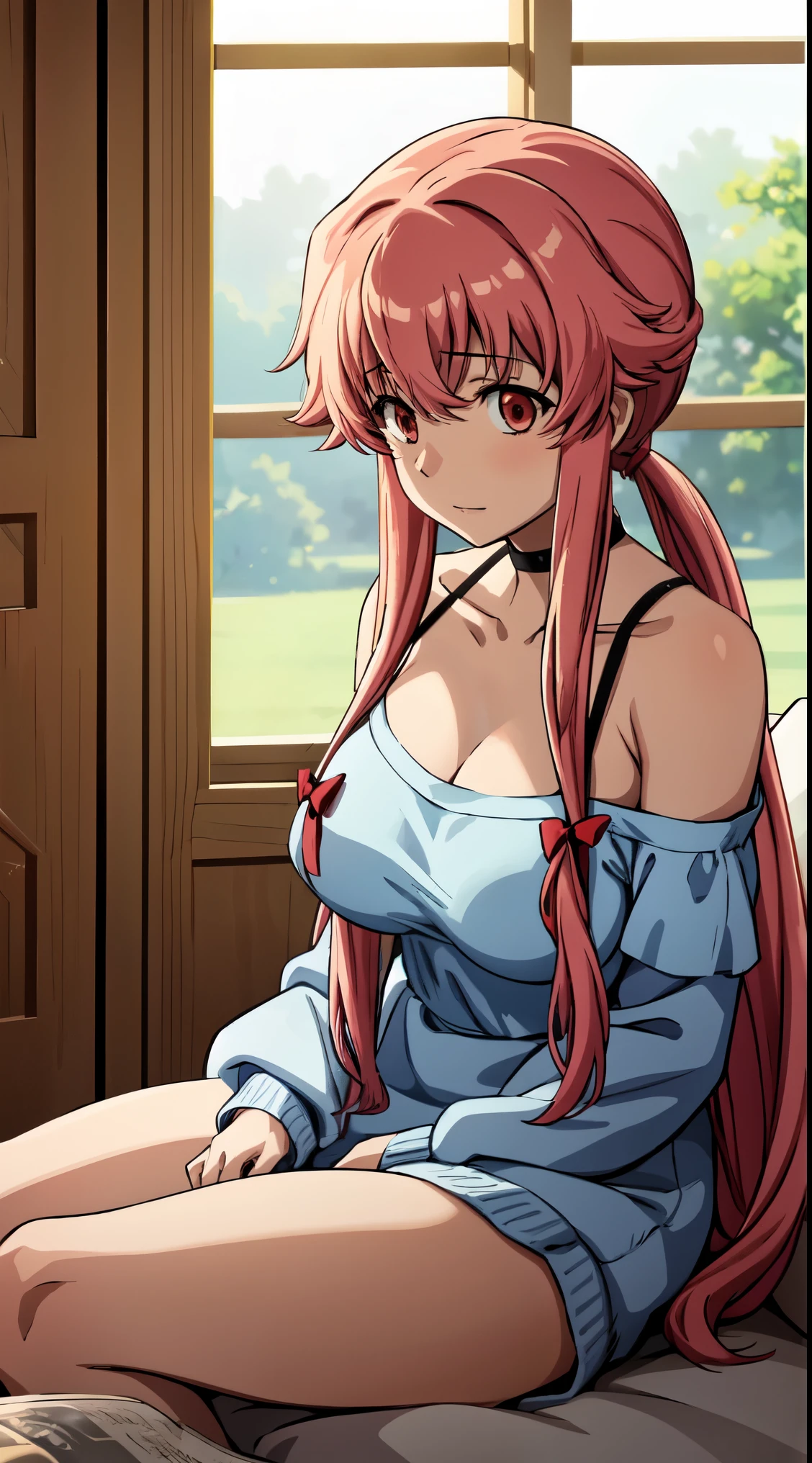 In this scene, Yuno Gasai is depicted relaxing in her living room as the sun rises, casting a warm golden light through the window. Wearing an off-the-shoulder sweater and a black choker, she appears comfortable and at ease in her own space. This description paints a serene image of Yuno enjoying the early morning, perhaps reflecting on her thoughts or simply appreciating the beauty of the day's beginning. (large breasts:1.1), red eyes,