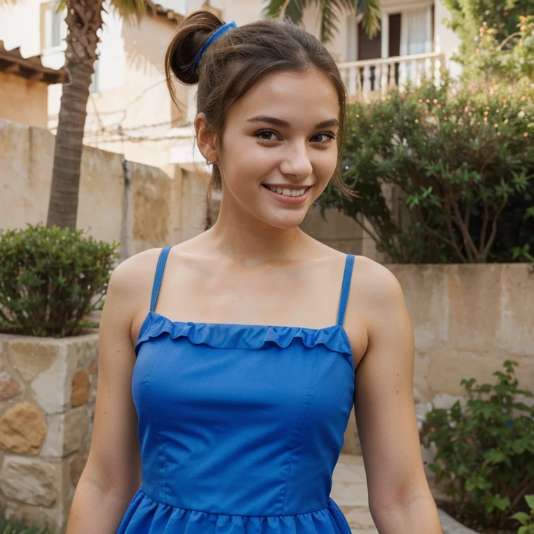 Perfect face girl, 18 year old, wearing frock, cute, ponytail, smile, Spanish, best quality, happy, blue dress