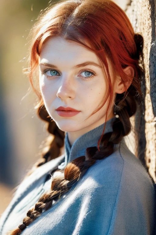 Realistic portrait of a girl with red hair in braids , straight nose, soft facial features , a lot of moles on the body , blue-gray eyes ,clothes of the 20s of the ussr
