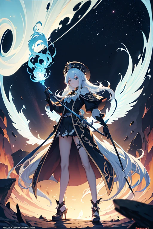 (Obra maestra:1.2), Mejor calidad, (illustration:1.2), (ultra detallado), hiper detalles, (delicado detallado), (detalles intrincados), (cinematic light, Mejor calidad Backlights), Delete line, solista, Cuerpo perfecto, (1 chica), anime a elegant girl fairy tale s wings, hat cap detailed glowing ribbon ultra detailed, style detailed, most beatiful, soft delicatessen hair,translucent dressing Phantom, long soft dressing, detailed glowing drawing(glowing color hands). black and white. Poster Original ink press octane render digital art stylized, standing in front of the with her magical sword and sword to release blue flame, cool black dregon tattoo on neck and who cut through infinity,floating above pits of lava as brimstone and smoke billows out from them and she who has touched the void, (constituir), alto contraste, (mejor iluminacion, un extremadamente creado y hermoso), (cinematic light), vistoso,