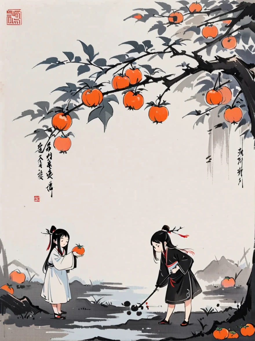 (A group of children picking persimmons under the persimmon tree),Jiangnan Village,Chinese children's book illustration,(Feng Zikai style),Minimalism,line art,(ink),White background