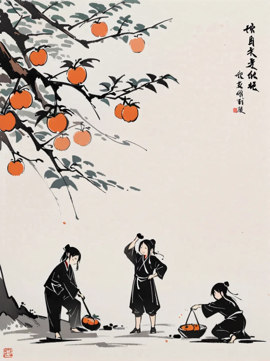 (A group of children picking persimmons under the persimmon tree),Jiangnan Village,Chinese children's book illustration,(Feng Zikai style),Minimalism,line art,(ink),White background
