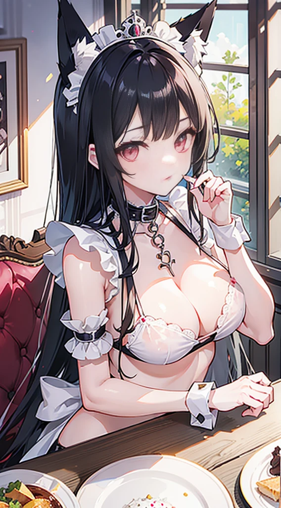 high quality, masterpiece, super detailed, 1 girl, extremely detailed faces,long black hair，Broken white bikini，Maid costume is damaged，maid crown，handcuffs，collar，charming pink eyes, fox ears, Ridiculously big, shiny skin,dining room