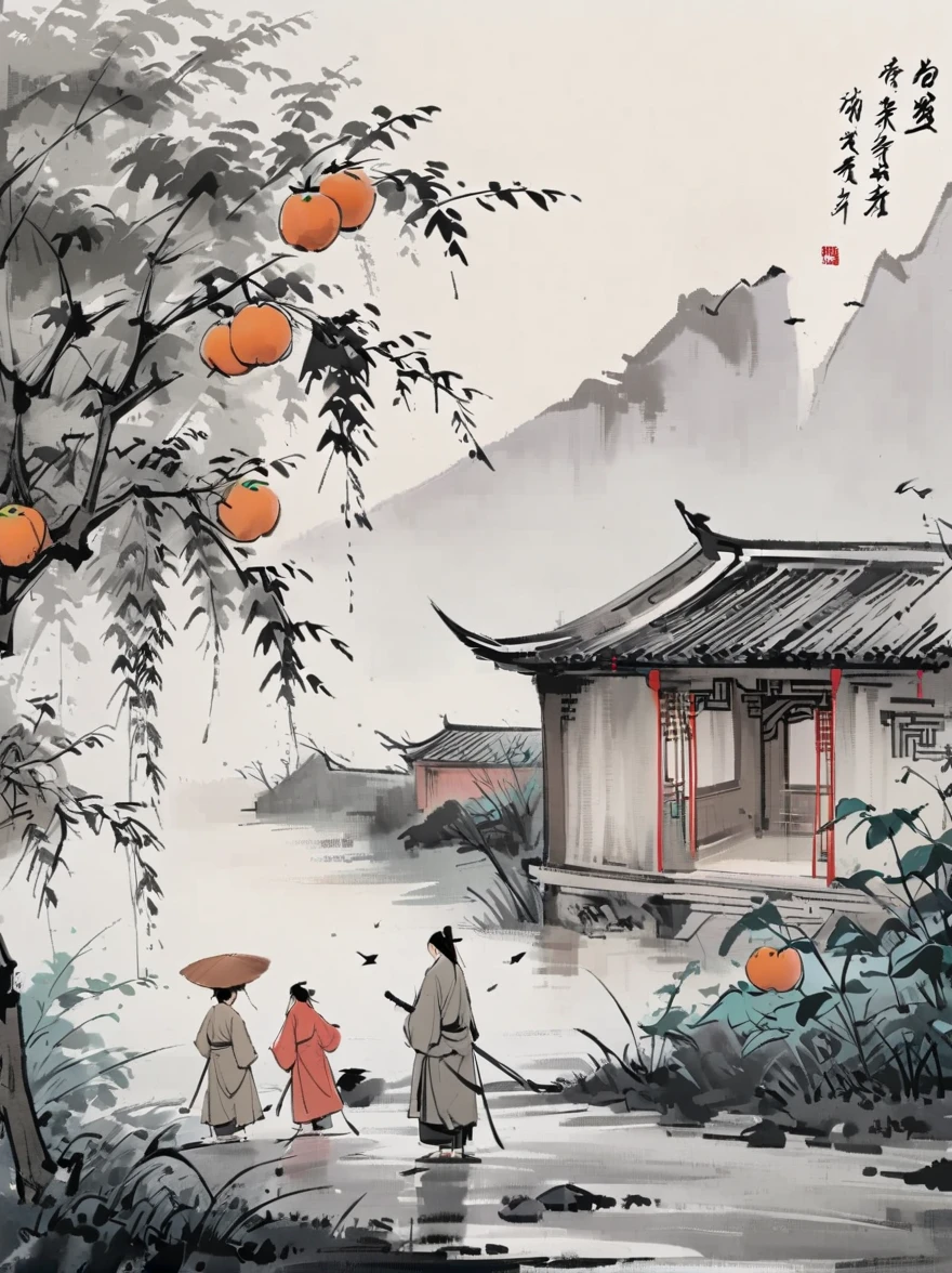 A group of children picking persimmons under the persimmon tree, Jiangnan countryside, Chinese Children's Book Illustrations, Feng Zikai style, Minimalism, line art, ink and,White background