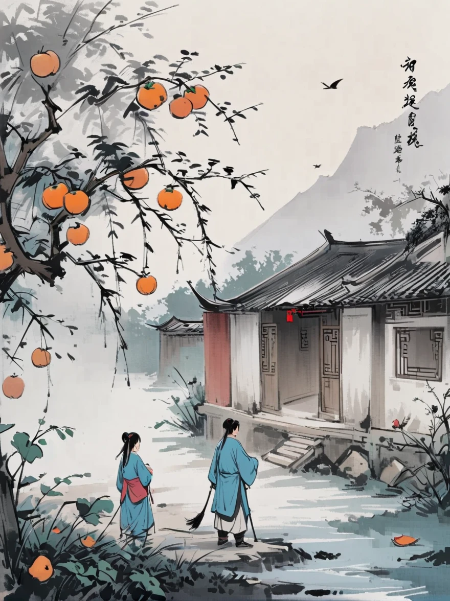 A group of children picking persimmons under the persimmon tree, Jiangnan countryside, Chinese Children's Book Illustrations, Feng Zikai style, Minimalism, line art, ink and,White background