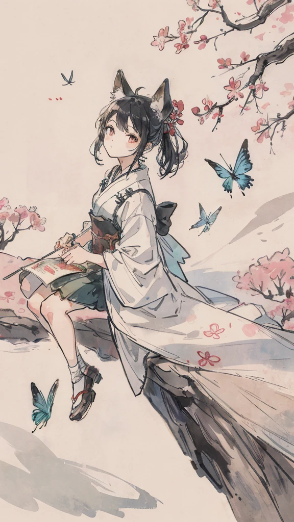 "(High image quality+1.5)A slice of rice,There are ears of rice,A small butterfly flying in a rice field,High resolution Chinese landscape,Chinese traditional watercolor painting,traditional chinese painting,chinese ink painting,peaceful scenery,cherry blossoms