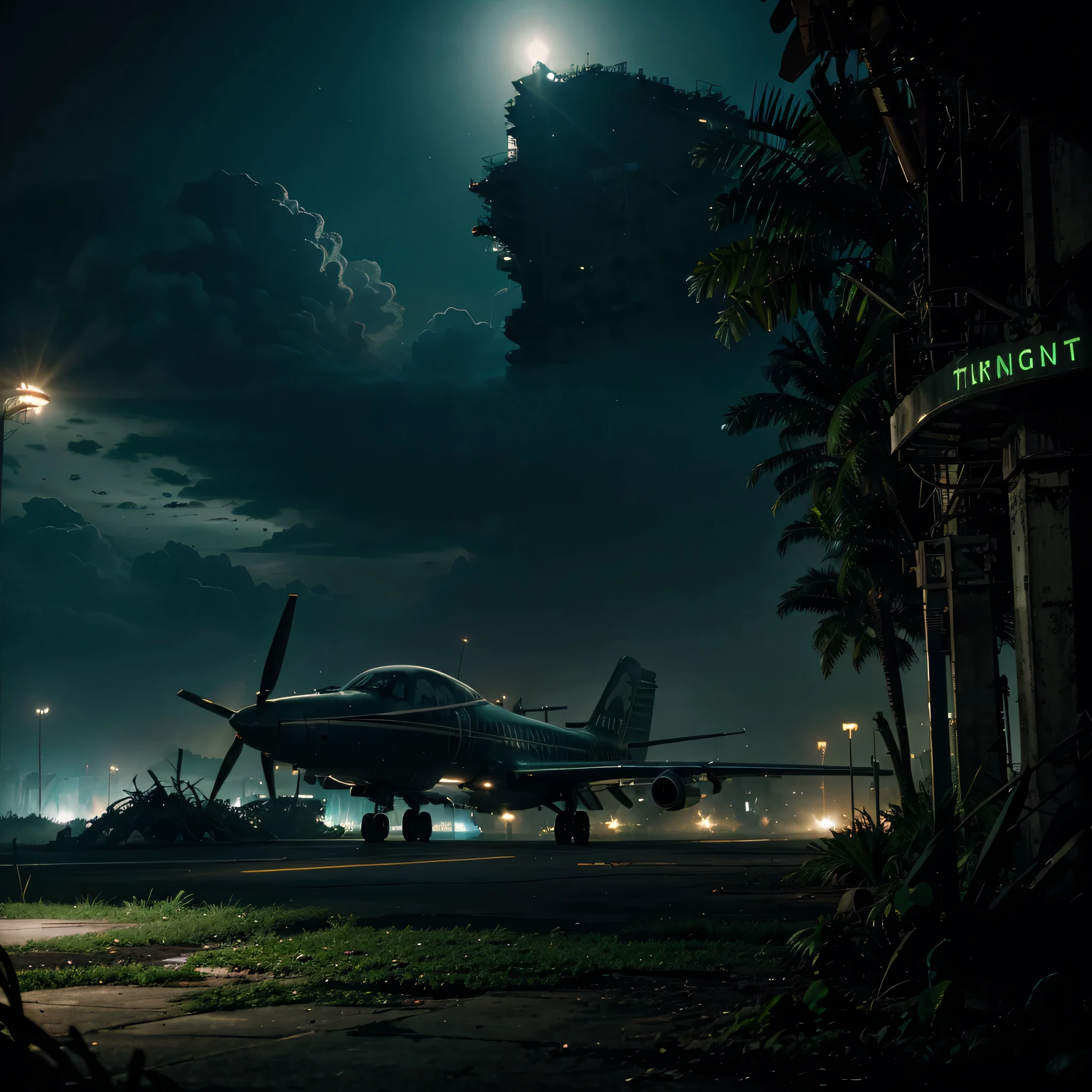 city of the future, jungle, afterlife, post-extinction terminal airplane stop cinematic view ruins close-up night time dark setting
