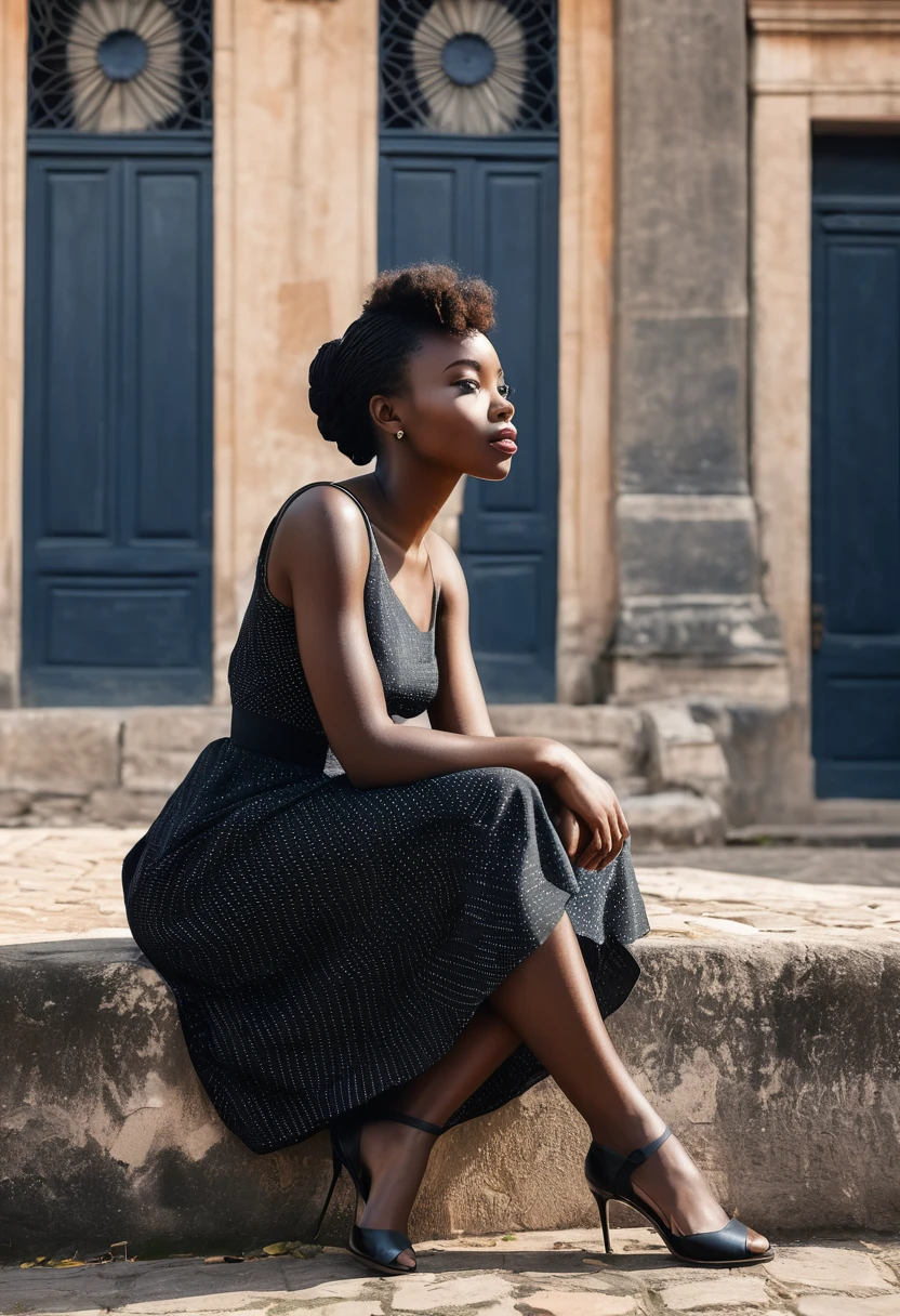 Belle jeune femme noire africaine assise devant une architecture sophistiqué sûr d'elle confiante,realistic use high resolution in front of a historic building
