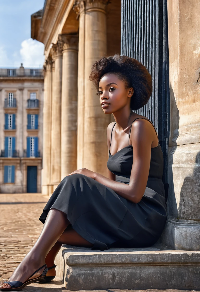 Belle jeune femme noire africaine assise devant une architecture sophistiqué sûr d'elle confiante,realistic use high resolution in front of a historic building