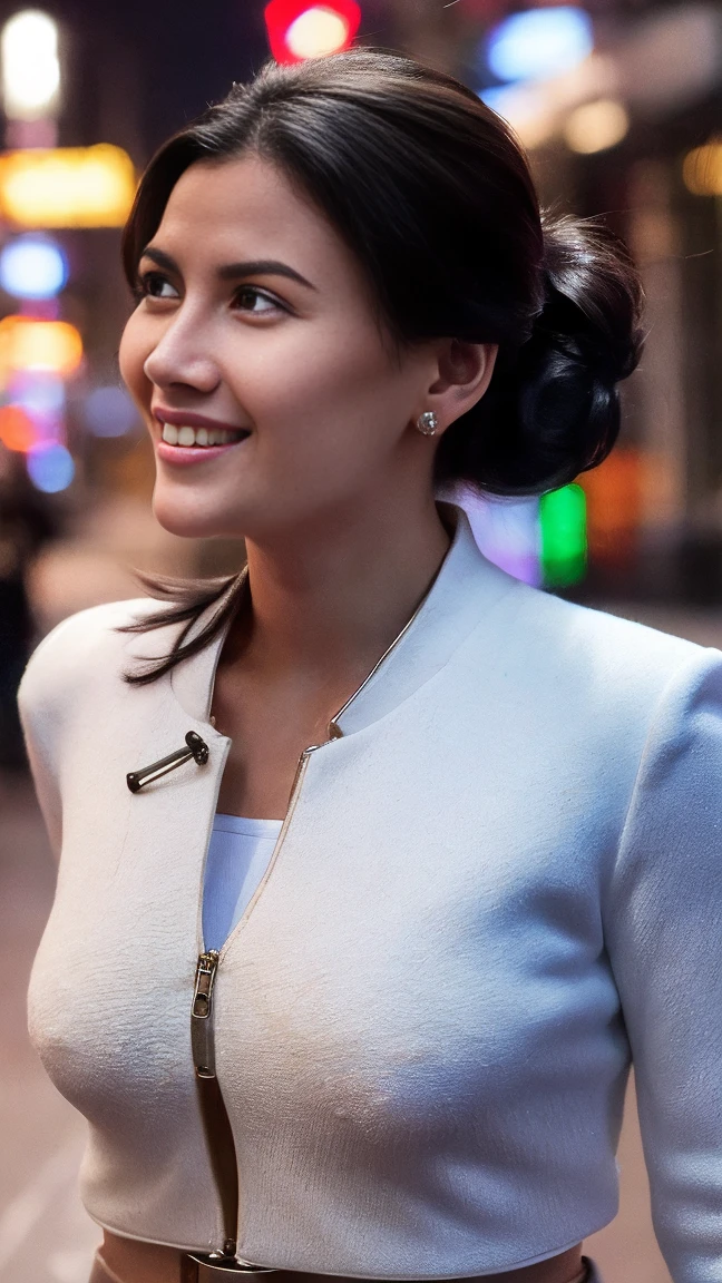 From below, full body shot of a gorgeous brunette woman black ponytail hair, age 23, nice hair style, she's a men magazine model, She has a subtle smile and flirts with the camera, (she’s in the street of a futuristic cyberpunk city with snow), (she’s wears a white "Nurse Outfit", leather suit, cleavage), perfect eyes, perfect hands, perfect body, ((perfect hair)), perfect breast, hair behind ear, UHD, retina, masterpiece, accurate, anatomically correct, textured skin, super detail, high details, high quality, award winning, best quality, highres, 16k, 8k, cinematic lighting