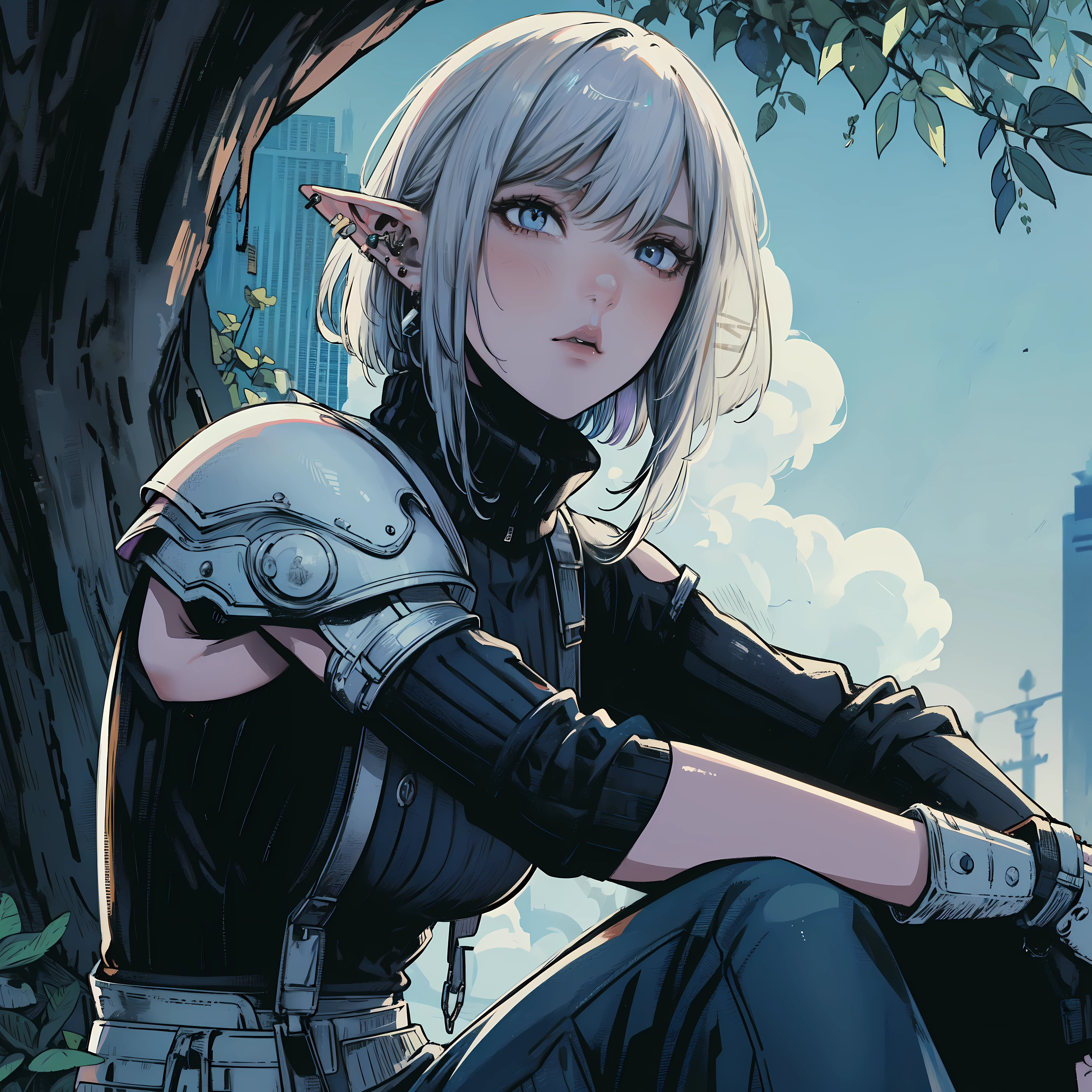 A female elf sitting under a tree in the pop art style of LISA FUJISE. BREAK, diagonal bangs, silver hair, bowl cut, blue eyes, (ear piercing), black turtleneck sweater, Wearing white armor plate on right shoulder, cargo pants, serious, character design by TETSUYA NOMURA, style by Final Fantasy VII. BREAK, Dynamic angle, master pieces, cinematic lighting, background in midgard city. 