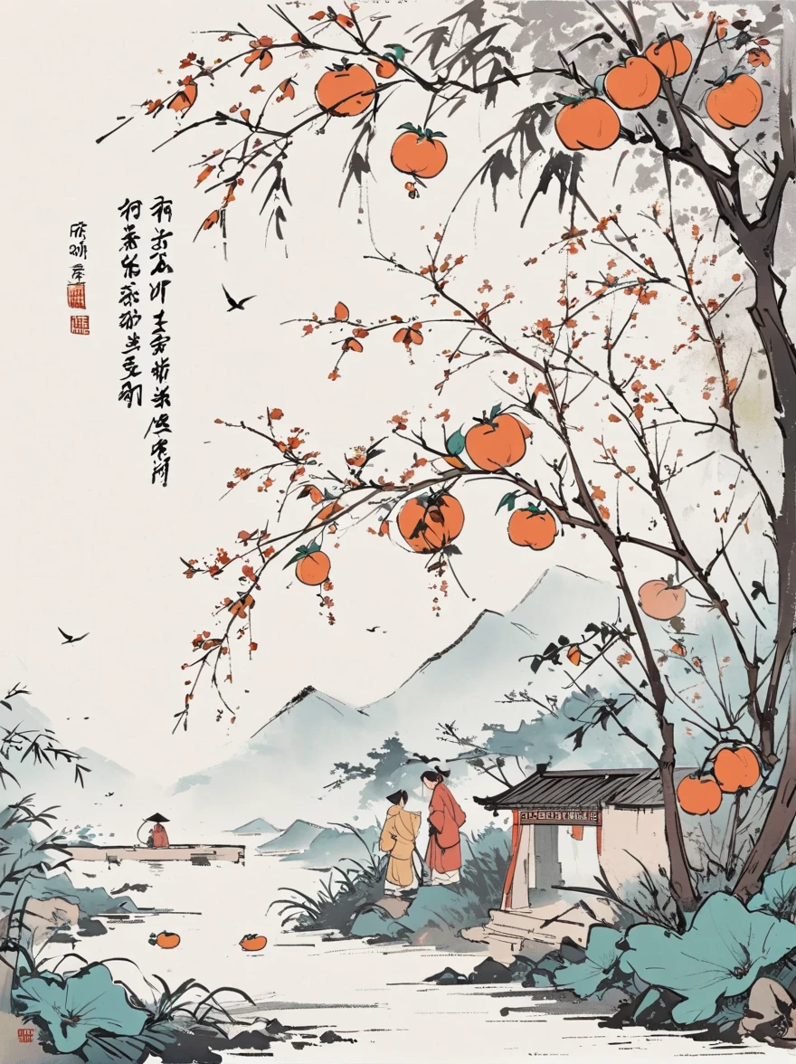 A group of children picking persimmons under the persimmon tree, Jiangnan countryside, Chinese Children&#39;s Book Illustrations, Feng Zikai style, Minimalism, line art, ink and,White background