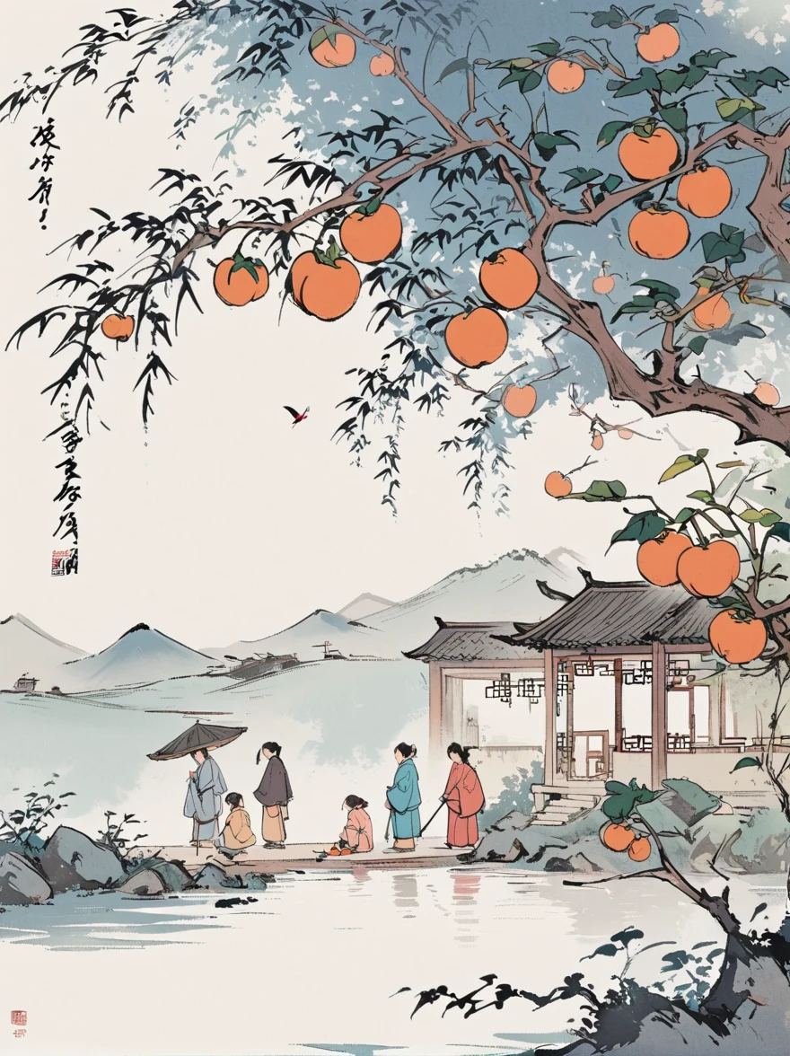 A group of children picking persimmons under the persimmon tree, Jiangnan countryside, Chinese Children's Book Illustrations, Feng Zikai style, Minimalism, line art, ink and,White background