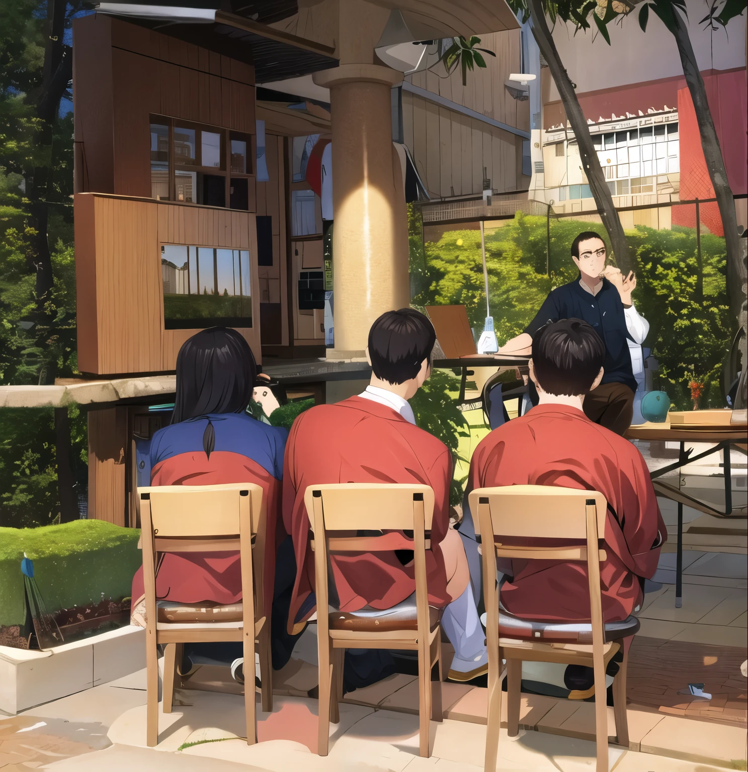 (masterpiece, best quality:1.2), (masterpiece, best quality:1.2), A man is giving a presentation and three people are sitting and listening attentively