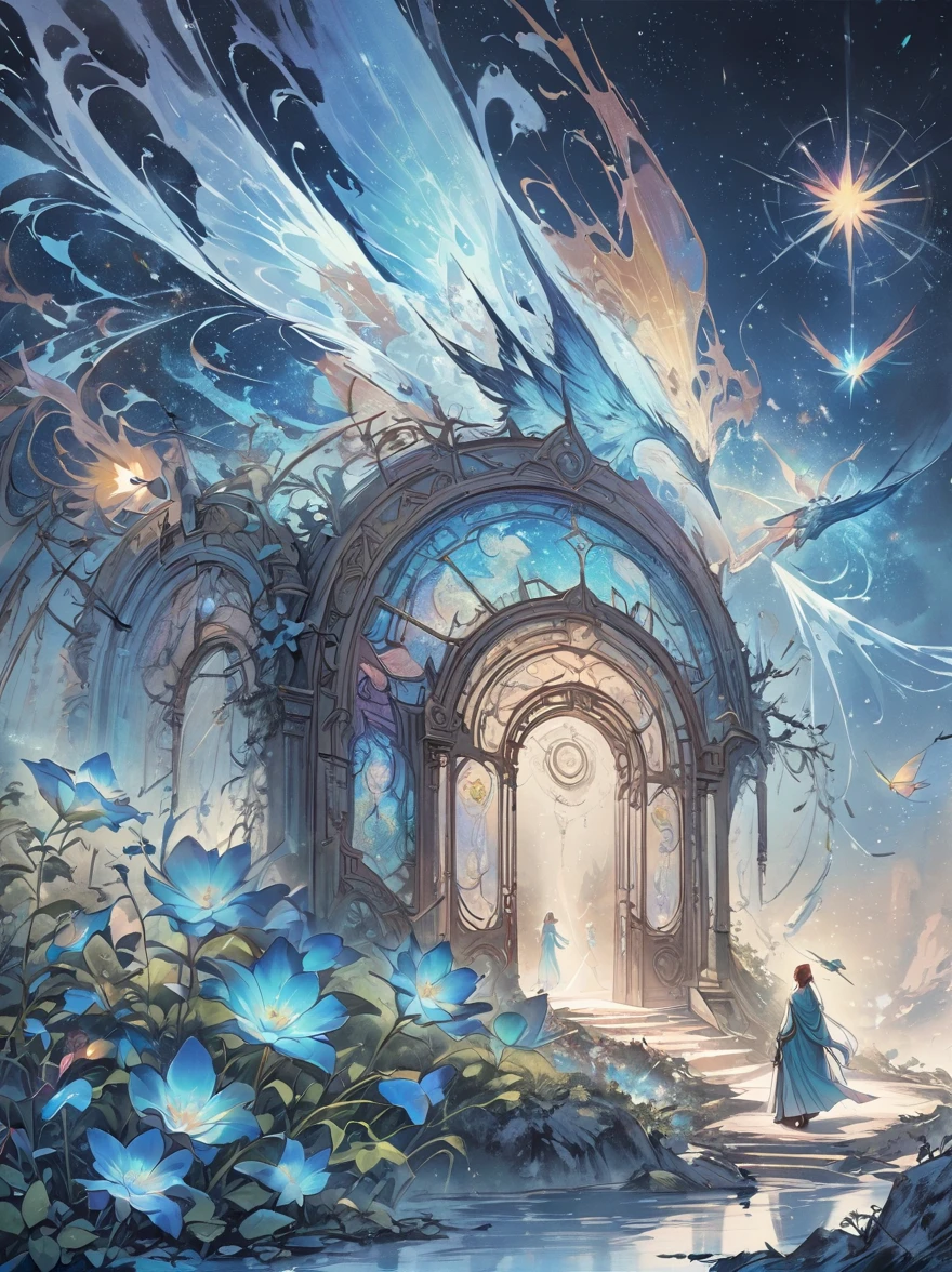 Giant triangle cybernetics,Magnificent cosmic starry sky background,Intricate illustration in surreal art style,surreal dream,Dubrec style,Transparent geometric shape close-up,(multiple exposure:1.8),A man standing at the entrance,Alphad's image with a star in the sky, Entering the ethereal realm, A gateway to another universe, The passage to the ethereal realm, artgem and beeple masterpiece, A stargate to another dimension, futuristic stargate, cosmic eye, Movie Bee, Jessica Rossier Fantasy Art