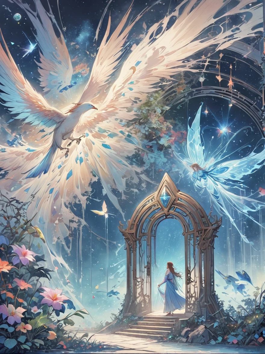 Giant triangle cybernetics,Magnificent cosmic starry sky background,Intricate illustration in surreal art style,surreal dream,Dubrec style,Transparent geometric shape close-up,(multiple exposure:1.8),A man standing at the entrance,Alphad's image with a star in the sky, Entering the ethereal realm, A gateway to another universe, The passage to the ethereal realm, artgem and beeple masterpiece, A stargate to another dimension, futuristic stargate, cosmic eye, Movie Bee, Jessica Rossier Fantasy Art