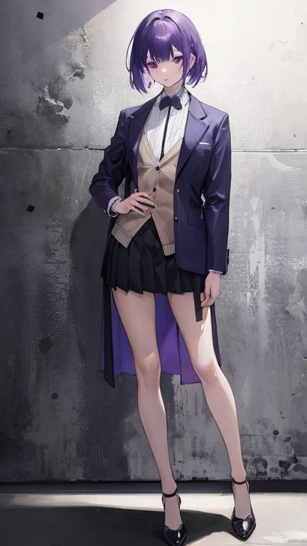 woman,suit,His jacket is open, exposing his vest,Harness,skirt,Heel,purple hair,whole body,full body,full body,upright,arm to the side,