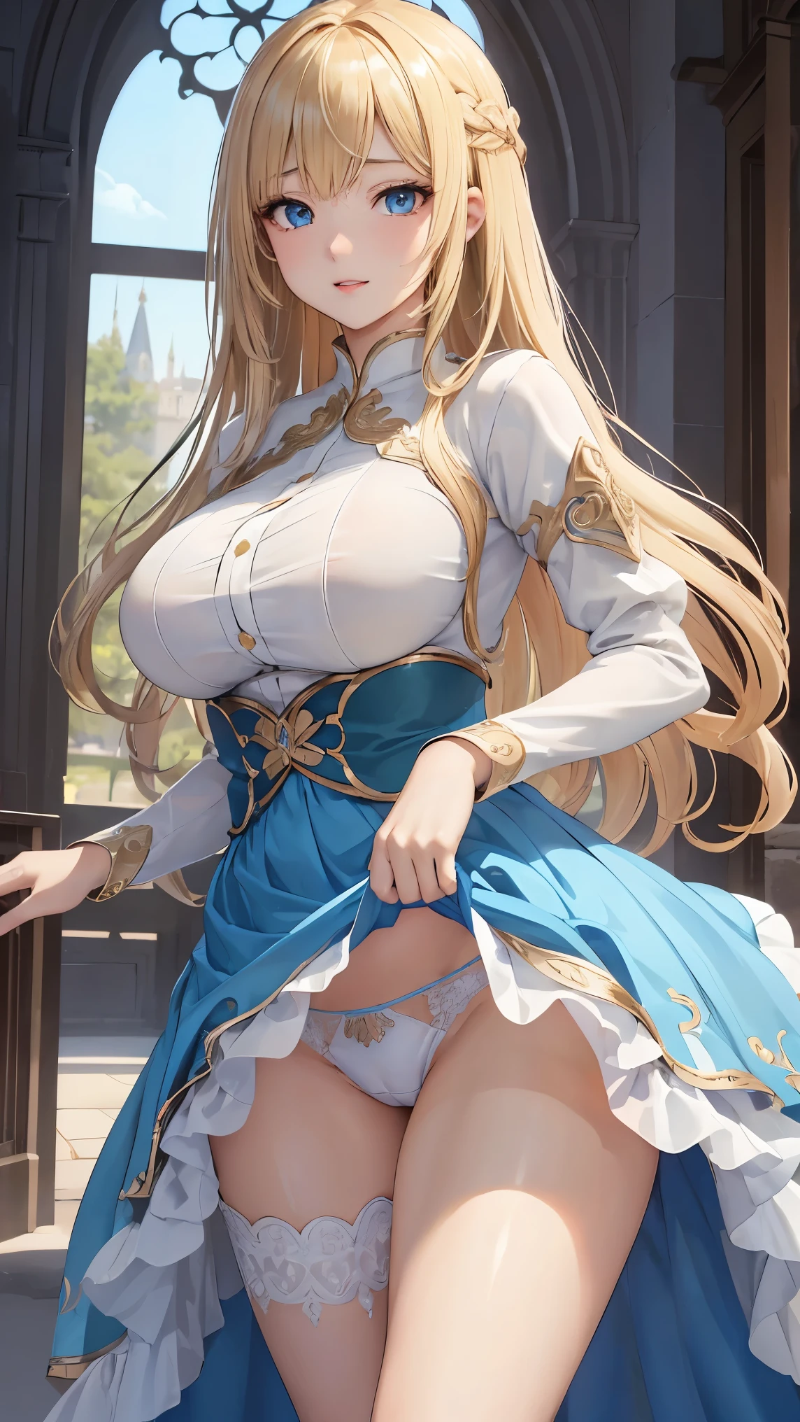 ((highest quality、High resolution、Highly detailed CG Unity 8K wallpaper))、perfect body、unparalleled beauty、Curvy but slender body, perfect eyes, perfect face, perfect lighting, fine clothes、1 girl, Detailed castle background、long hair, curly hair, fine clothes, Bright and beautiful face、young shiny glossy white shiny skin、the best beauty、the most beautiful bright blonde hair in the world、thin hair、super long straight hair、Shining beautiful bangs、Shining crystal clear big blue eyes、Very beautiful lovely most beautiful girl in the world、big and full breasts、tits、a sexually excited look、(sexy dress with elaborate decoration)、((She lifts up her skirt and shows her panties、I'm seducing you、I'm inviting you to have sex))