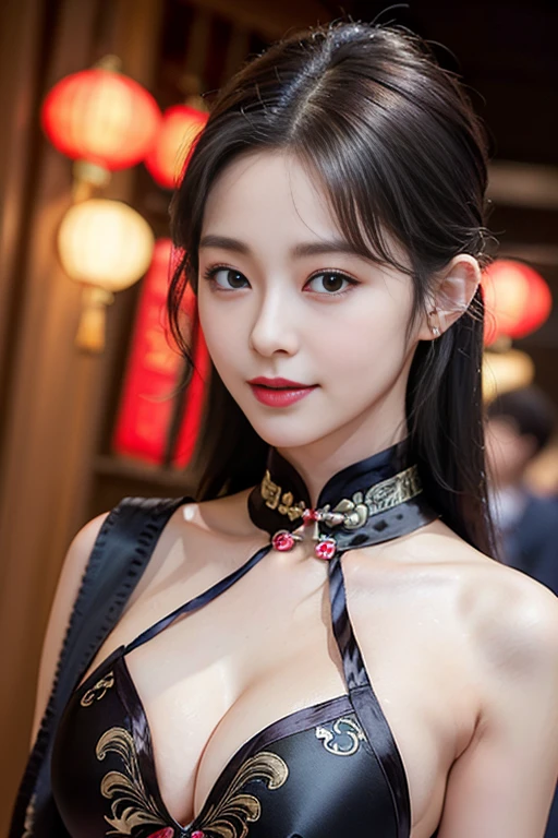 ((Best Quality, 8K, Masterpiece: 1.3)), extremely Cute Beautiful Woman, 1 Girl, (Beautiful Breasts:1.3), (Abs, Slender Figure: 1.1), Sharp Focus, (((Intricate Details)), High Detail, Upper Body, One Girl, Black twin-buns Hair with bangs, (luxurysatin cleavage cut-out evening Chinese dress:1.5), detailed evening dress, 8K, 8K Resolution, clean detailed face, Detailed Body, Detailed Clothes, Sharp Images, hyper-sharp image, Japan Anime Concept Art, trending on Artstation, looking the viewer, facing the viewer, staring the viewer, seductive sexy pose, seductive smile, pink lipstick, bokeh, field of depth, 8 life size, 8k resolution, upper body image, shot on EOS 5D Mark IV, 35mm lens, f1.8, ancient Chinese Street Background, no-human simple background, frame the head, detailed human hands, perfect human hands, perfect anatomy, perfect proportion, ultra-sharp focus,