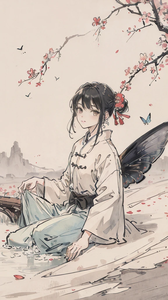 "(High image quality+1.5)A slice of rice,There are ears of rice,A small butterfly flying in a rice field,High resolution Chinese landscape,Chinese traditional watercolor painting,traditional chinese painting,chinese ink painting,peaceful scenery,cherry blossoms