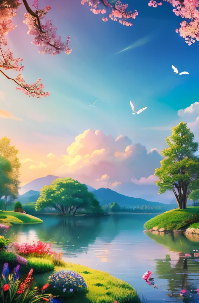 best quality,4k,8k,highres,masterpiece:1.2,ultra-detailed,realistic:1.37, Floating, photorealistic, high quality, fantastic, fantasy, mythical, zen garden, dazzling clouds, peace, endless, flowers in the sky, rich, perfect, colorful butterflies, fresh air, river and lake, angels, beautiful trees, light body, symphony of nature, perfect harmony, magical beauty, enchanting melody sky, healing paradise, nirvana-like serenity, mystical aura, dream aura, angels, pure bliss, divine magic, aura, peace and happiness, eternity, nirvana-like serenity, mystical aura, dream aura, angels, pure bliss, divine magic, aura, peace and happiness, eternity, sunrise, radiance, heaven, sun, shining sky, spring