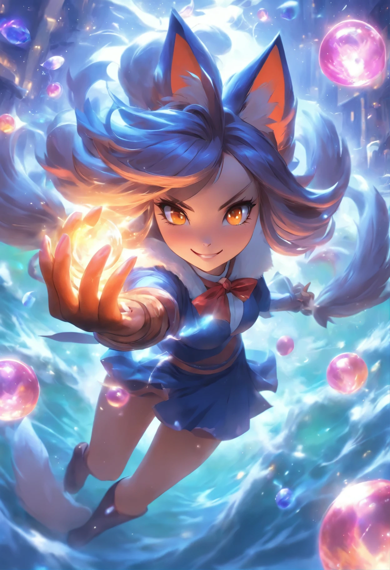 masterpiece, best quality, high resolution, More 1, crown, Sailor Senji, Blue sailor collar, bow, knee high boots, collar, White gloves, blue collar, elbow gloves, jewelry, earrings, blue skirt, Cowboy shooting, sphere, crystal ball, 1girl water yushu water,Ahri, Ahri \(League of Legends\), k/and \(League of Legends\), bloom \(League of Legends\),Animal ears, facial markings, fox ears, fox Tail, orange eyes, multiple Tails, Tail