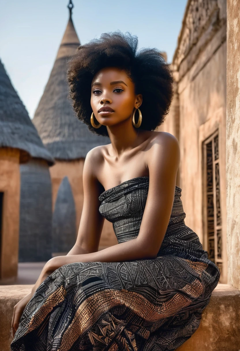 Belle jeune femme noire africaine assise devant une architecture sophistiqué sûr d'elle confiante,réaliste utiliser la haute résolution