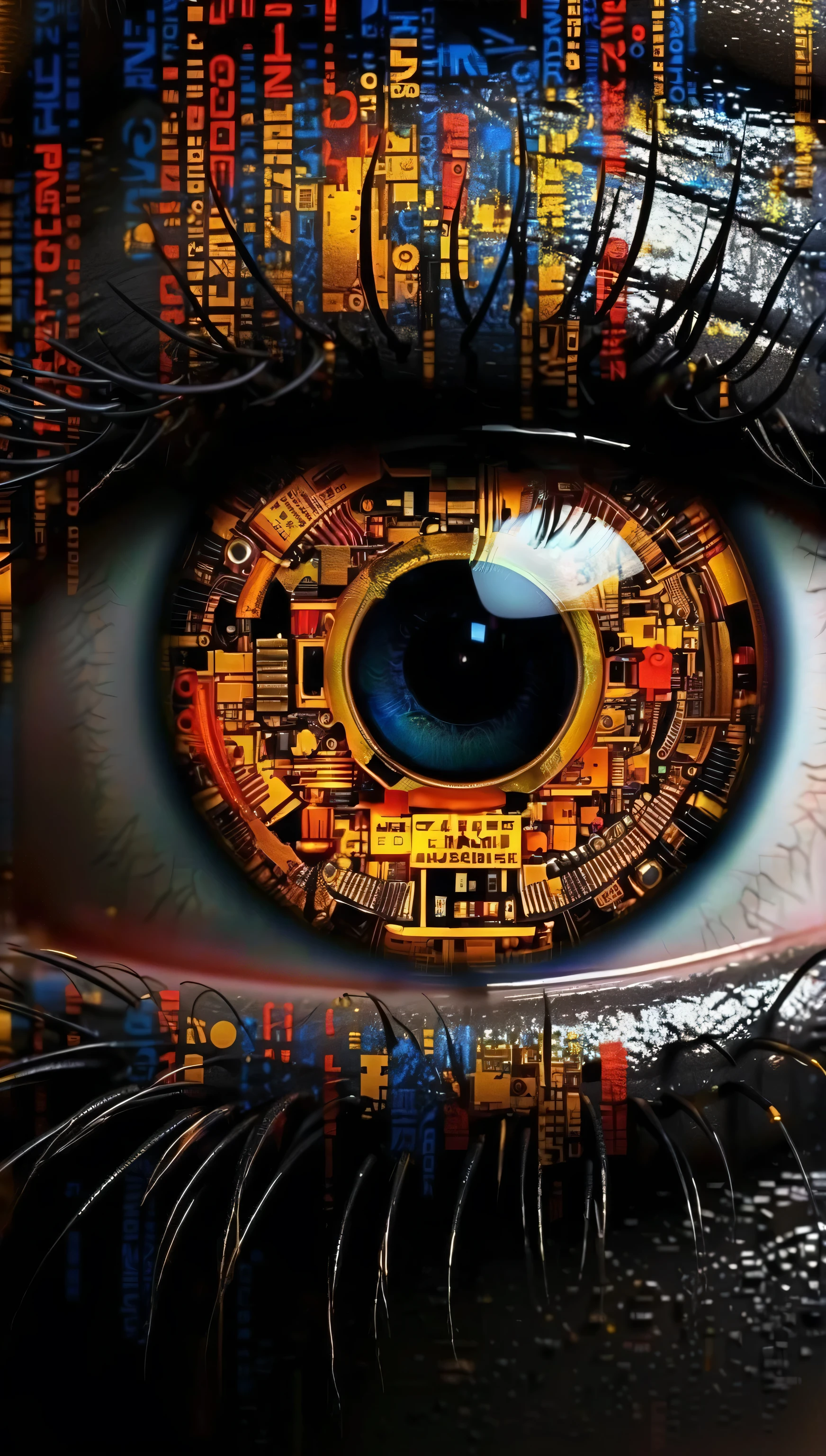 eine Nahaufnahme des Auges einer Person mit einem Computerchip in der Iris, eye cyberpunk bionics, cybernetic eye, Techno-Auge, Roboterauge, Cyborg-Augen, Roboterauge, yellow Cyborg-Augen, Blade Runner Augen, kybernetische Augenimplantate, Roboterauges, erweitertes Sehen, Neuromant, Androiden-Augen, Roboterauges, Techno-Auges
