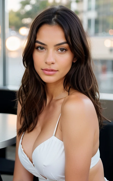 latina brunette beauty, forte poitrine (in a modern cafe at sunset), Very detailede, 21 ans, visage innocent, natural wavy hair, yeux vert, high resolution, chef-d'artwork, best quality, intricate details, Very detailed, mise au point nette, Detailed skin, texture de peau Realistic, texture, detailed eyes, professionnel, 4k, sourire charmant, filmed in Canon, 85 millimeters, faible profondeur de champ, Couleur Kodak Vision, corps parfaitement ajusté, extremely detailed, photographier_\(ultra\), photoRealistic, Realistic, Post-traitement, Maximum details, roughness, vrai vie, ultra Realistic, photorealism, photographie, 8k euh, photographie, bare shoulder, très-petit décolleté, sans sous-vêtement, sexy, flirts with the camera, regarde sexy, regard directement la camera, with uncovered face, ne porte pas de sous vetements, visible nipple