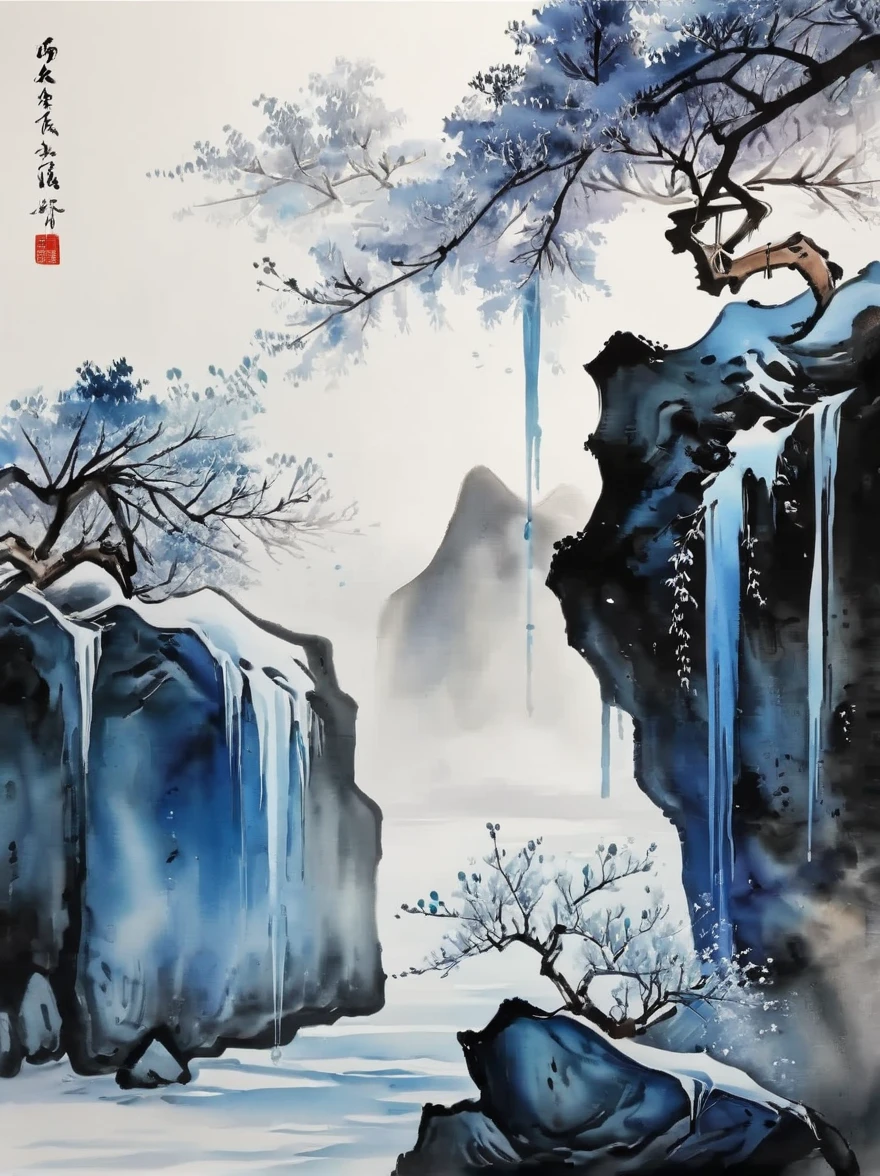 (Ink painting and watercolor painting:1.5), (landscape painting:1.5), (Tasteful:1.5), (rock:1.5),(Tree:1.5), (Ink painting and watercolor painting:1.5), (Chinese style:1.5), (Rime ice:1.5), (Rime ice:1.5), (ice crystals:1.5), (Rime ice covered the Trees:1.5), (frozen Tree:1.5),